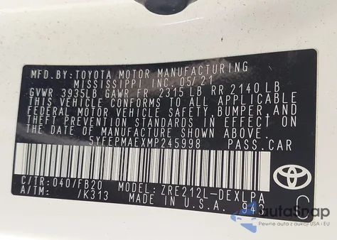 2021 Toyota Corolla Le из США, поврежденный, VIN 5YFEPMAEXMP245998